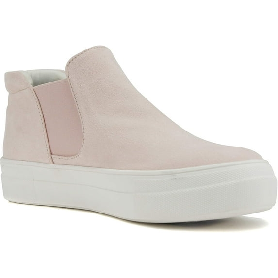 Soda Flat Women Chelsea Shoes Slip On Canvas Casual High Top Hidden Platform Sneakers White Sole Flatform Cushion Foam WOODS-S Pink Suede 5.5