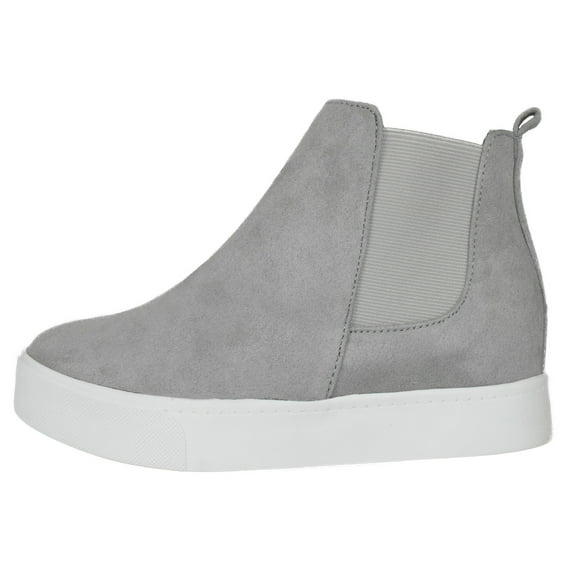 Soda Flat Women Chelsea Shoes Suede Casual High Top Hidden Platform Sneakers White Sole Flatform Elastic Sides Draw-G Gray 6.5