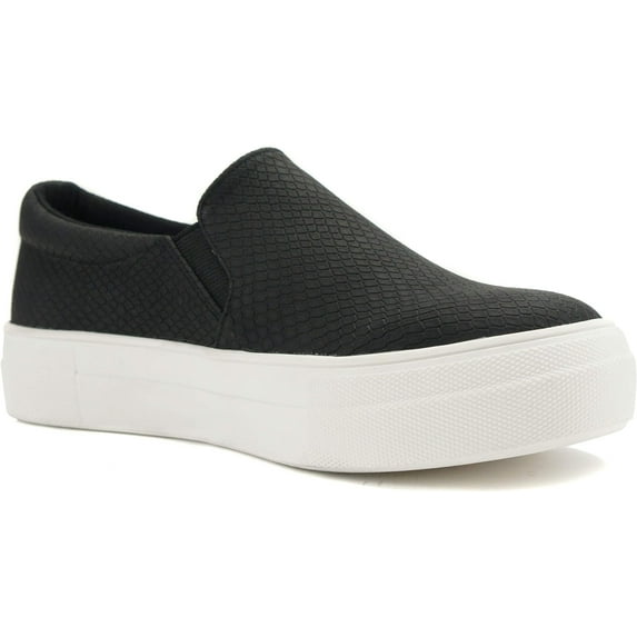 Soda Flat Women Shoes Slip On Loafers Casual Sneakers Memory Foam Insoles Hidden Platform / Flatform Round Toe HIKE-G PU Black Cobra Snake 5.5