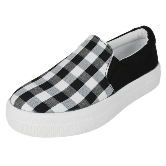 Soda Flat Women Shoes Slip On Loafers Casual Sneakers Memory Foam Insoles Hidden Platform / Flatform Round Toe HIKE-G White Black Plaid 6