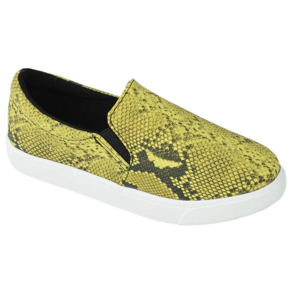 Soda Flat Women Shoes Slip On Loafers Casual Sneakers Memory Foam REIGN-G White Sole Yellow Mustard Python 7.5