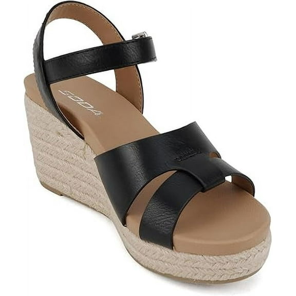 Soda Front Women Round Toe Cross Band Low Heel Espadrille Wedge Sandal With Adjustable Ankle Strap