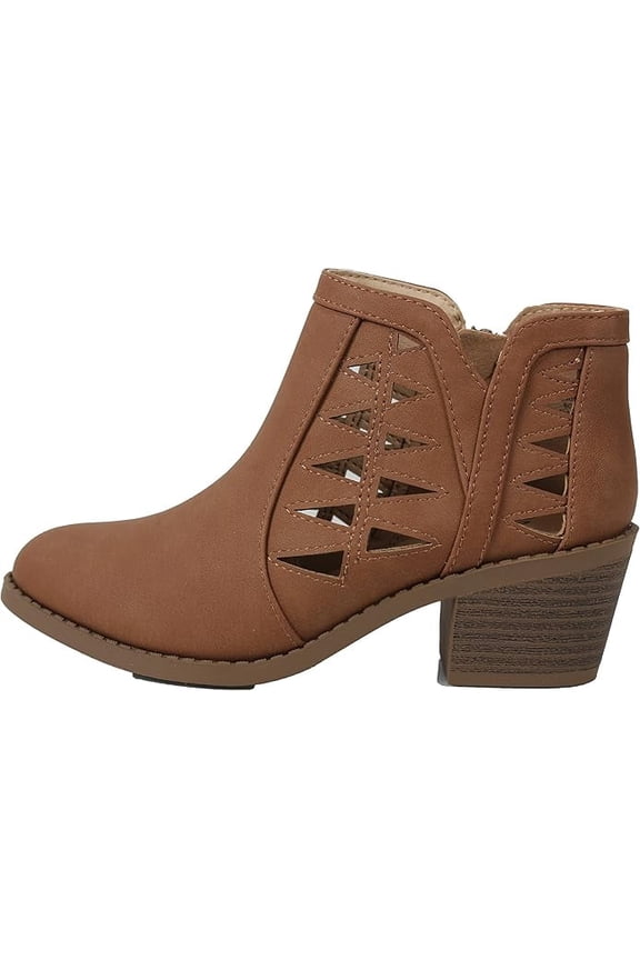 Girl's Chance-IIS Triangle Cutout Side Chunky Stacked Heel Ankle Boot (Tan Pu, 12)
