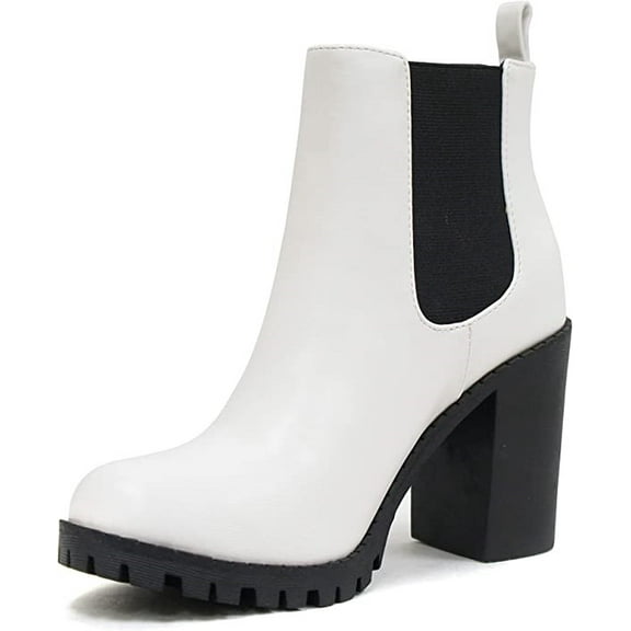 Soda Glove White Pu Lug Sole Elastic Gore Pull On Chunky Heel Ankle Boots (White Pu, 10)