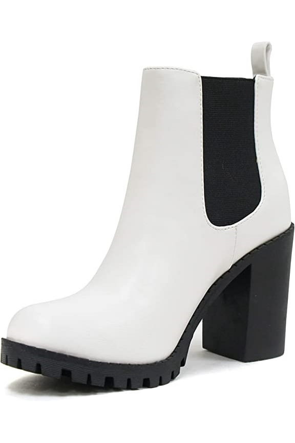 Glove White Pu Lug Sole Elastic Gore Pull On Chunky Heel Ankle Boots (White Pu, 9)
