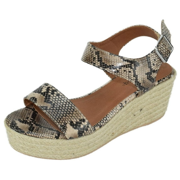 Soda Luthor Natural Python Trim Rubber Sole Flatform Embellished Wedge Sandals (Natural Python, 7)