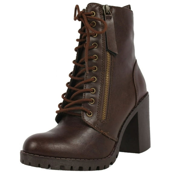 Soda Malia Brown Faux Leather Lace Up Rounded Closed Toe Chunky Ankle Boots (Brown, 8)