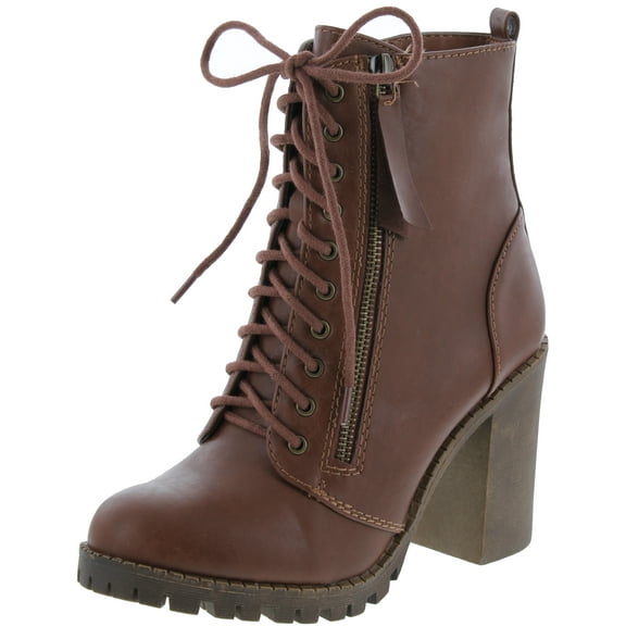 Soda Malia Round Toe Stacked Lug Heel Lace Up Ankle Booties