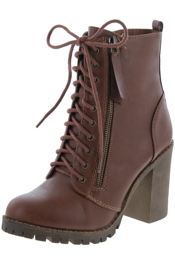 Malia Round Toe Stacked Lug Heel Lace Up Ankle Booties