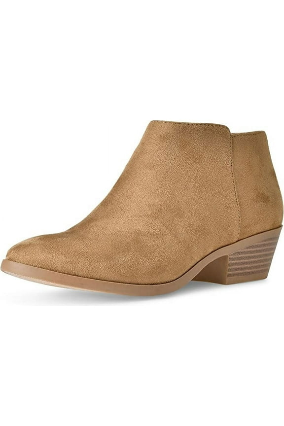 Mug Natural Faux Suede Low Chunky Block Stacked Heel Western Ankle Booties (Natural Vegan Suede, 6)