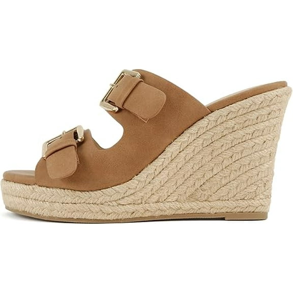 Soda Nakia Women Open Round Toe Double Strap Wedge Sandal With Buckle Closures