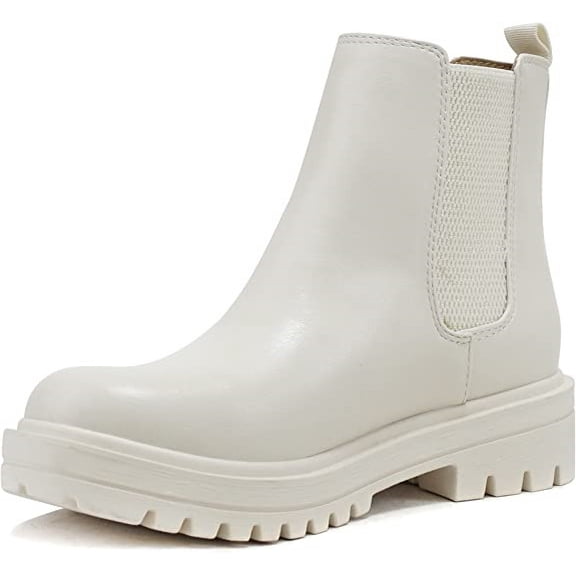 Soda Pilot Bone Pu Lug Sole Low Heel Chelsea Ankle Bootie Double Elastic Gore (Bone Pu, 10)