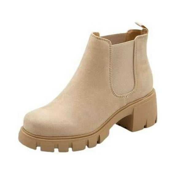 Soda Pioneer Lug Sole Mid Heel Chelsea Fashion Ankle Elastic Booties LT-Wheat (LT - Wheat, 7.5)