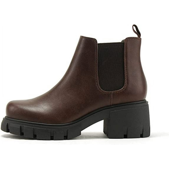 Soda Pioneer Lug Sole Mid Heel Gore Chelsea Fashion Ankle Elastic Booties Brown (Brown, 10)