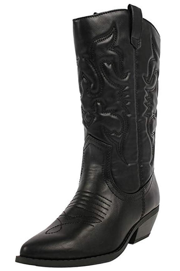 Soda Red Reno Western Cowboy Pointed Toe Knee High Pull On Tabs Boots Black Pu
