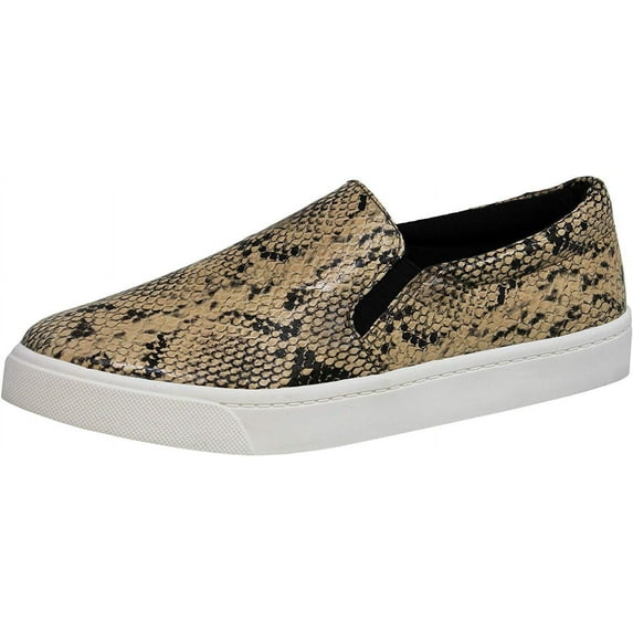 Soda Reign Natural Python Slip On Rounded Closed Toe White Sole Fashion Sneakers (Natural Python, 5.5)