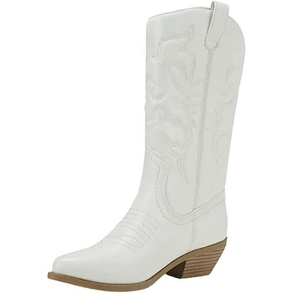 Soda Reno-S Cowboy Pointed Toe Knee High Western Stitched Boots White (5.5, White)