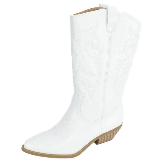 Soda Reno-S Cowboy Pointed Toe Knee High Western Stitched Boots White (8, White)