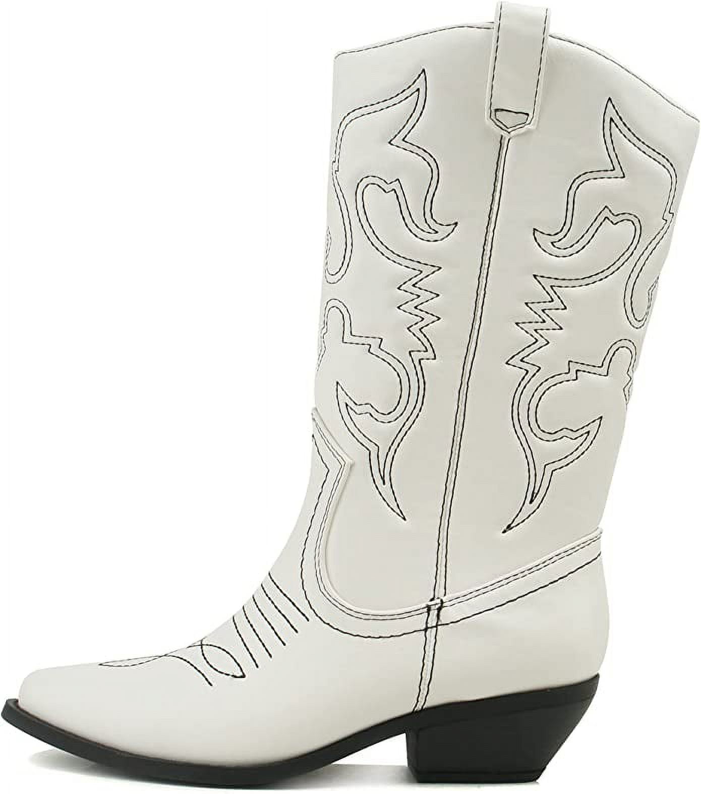 Soda Reno White/Black Pu Western Cowboy Stitched Pointed Toe Fashion ...