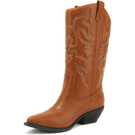 Soda Reno Women Western Cowboy Pointed Toe Knee High Pull On Tabs Boots (Cognac, 5.5)