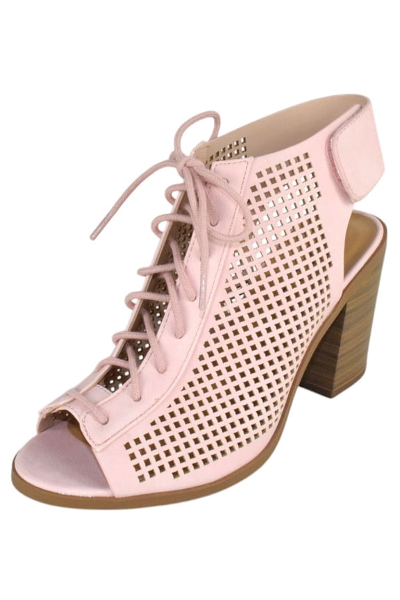 Shoes Women Ankle Strap Block High Heel Cutout Sandals Open Peep Toe Lace Up Booties CITIZEN-S Light Pink 8.5