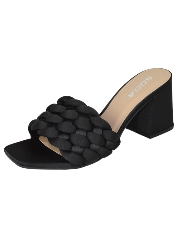 Shoes Women Block High Heel Sandals Braided Band Square Toe Satin SHAUNA-S Black 6.5
