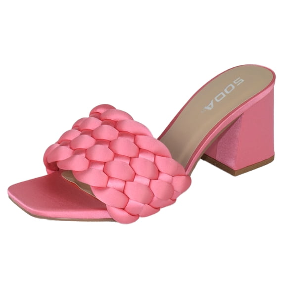 Soda Shoes Women Block High Heel Sandals Braided Band Square Toe Satin SHAUNA-S Hot Pink 10