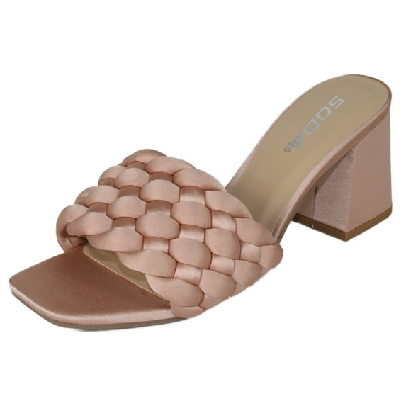 Soda Shoes Women Block High Heel Sandals Braided Band Square Toe Satin SHAUNA-S Light Pink Mauve Nude 6