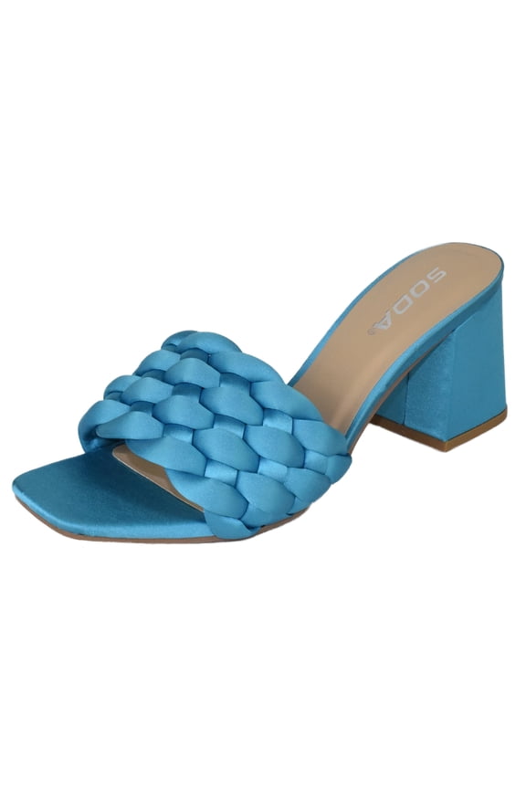 Shoes Women Block High Heel Sandals Braided Band Square Toe Satin SHAUNA-S Turquoise Blue 6.5
