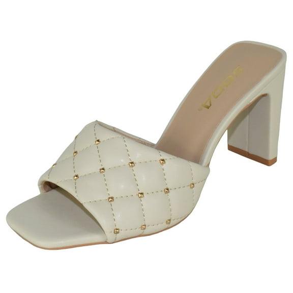 Soda Shoes Women Block High Heel Sandals Diamond Quilted Stud Gem Jewel Square Toe Slip On JELLO-S Cream Beige Bone 10