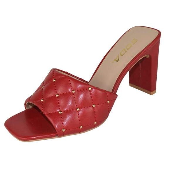 Soda Shoes Women Block High Heel Sandals Diamond Quilted Stud Gem Jewel Square Toe Slip On JELLO-S Red 5.5