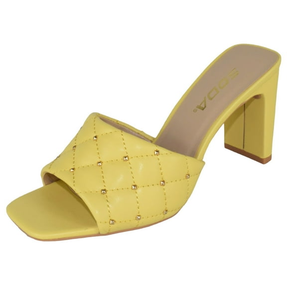 Soda Shoes Women Block High Heel Sandals Diamond Quilted Stud Gem Jewel Square Toe Slip On JELLO-S Yellow 6.5