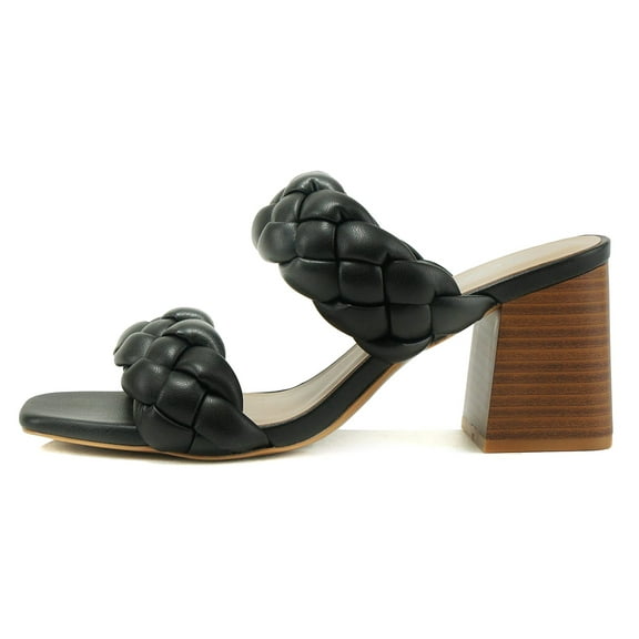 Soda Shoes Women Block High Heel Sandals Double Braided Band Straps Square Toe BUGGY-S Black 8