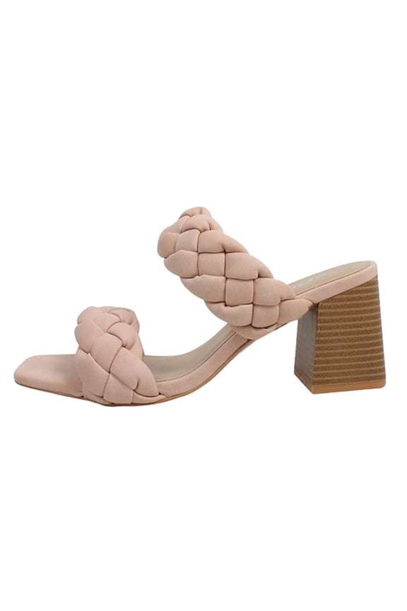 Shoes Women Block High Heel Sandals Double Braided Band Straps Square Toe BUGGY-S Light Pink 7