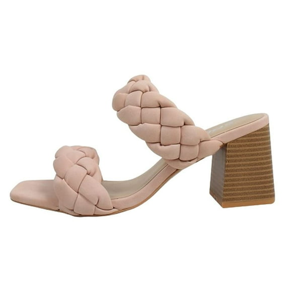 Soda Shoes Women Block High Heel Sandals Double Braided Band Straps Square Toe