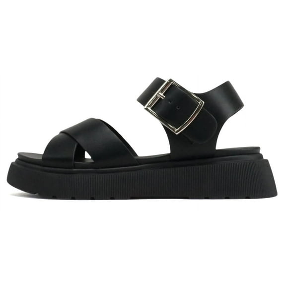 Soda Shoes Women Flat Platform Sandals Flatform Ankle Strap Criss-Cross Lug Sole CARTER-S All Black 9