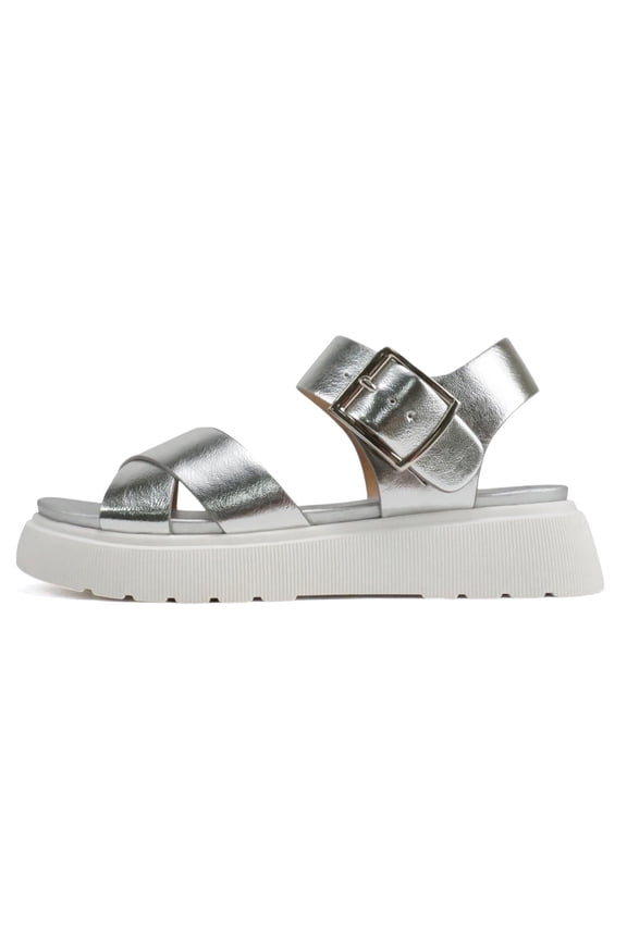 Shoes Women Flat Platform Sandals Flatform Ankle Strap Criss-Cross Lug Sole CARTER-S Silver 10