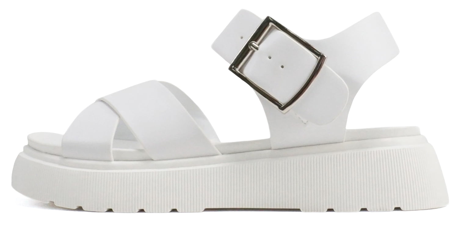 Add Platform Bottom Soda Shoes Women Flat Platform Sandals Flatform Ankle Strap Criss-Cross ...