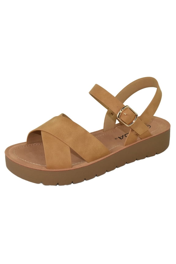 Shoes Women Flat Sandals Flatform Ankle Buckle Criss Cross Band Straps Chester-S Natural Tan 7.5