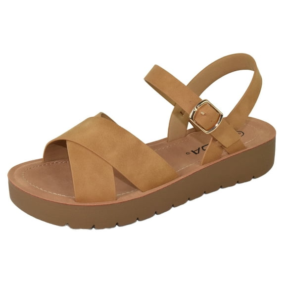 Soda Shoes Women Flat Sandals Flatform Ankle Buckle Criss Cross Band Straps Chester-S Natural Tan 8.5