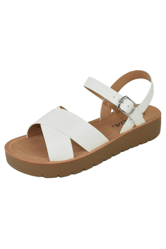 Shoes Women Flat Sandals Flatform Ankle Buckle Criss Cross Band Straps Chester-S White 7.5