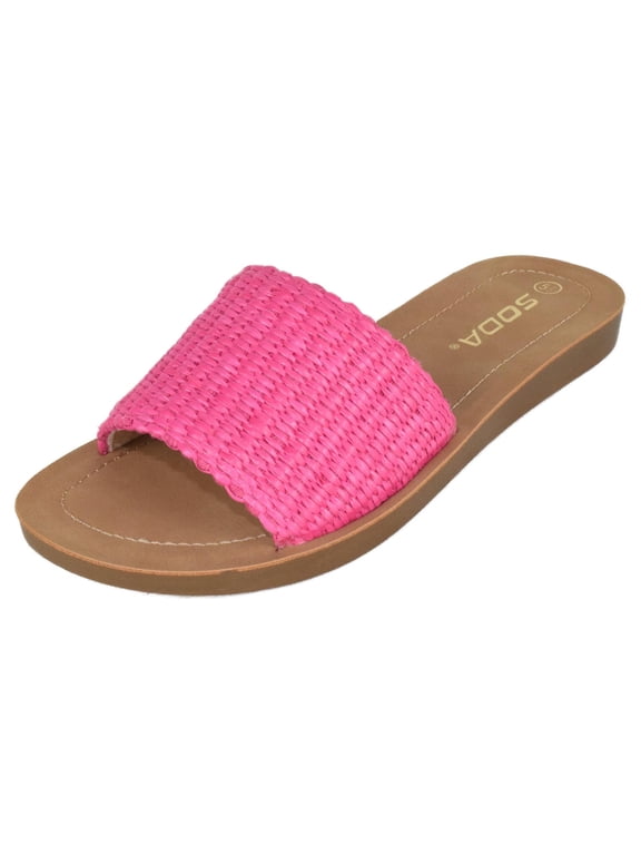 Shoes Women Flip Flops Basic Plain Slippers Slip On Sandals Slides Casual Peep Toe Beach EFRON-S Fuchsia Hot Pink Raffia 10