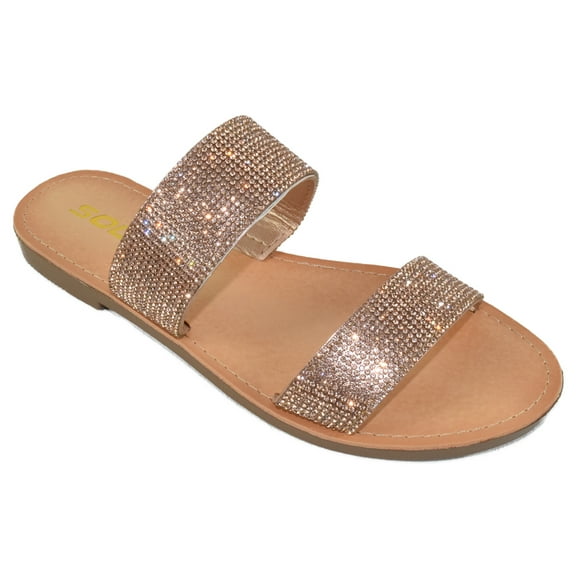 Soda Shoes Women Flip Flops Slippers Sandals Double Strap Slide Casual Bling Rhinestone Crystals AMONG-S Penny Rose Gold 8
