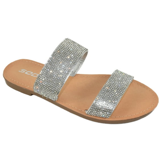 Soda Shoes Women Flip Flops Slippers Sandals Double Strap Slide Casual Bling Rhinestone Crystals AMONG-S Silver 8