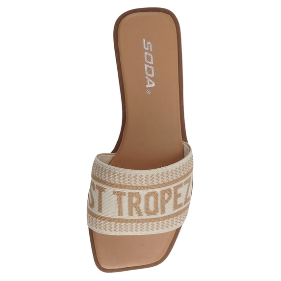 Soda Shoes Women Flip Flops Square Open Toe Single Embroider Band Slip-On Flat Summer Resort Sandal FLAIR-S Beige Nude Bone / Natural 6