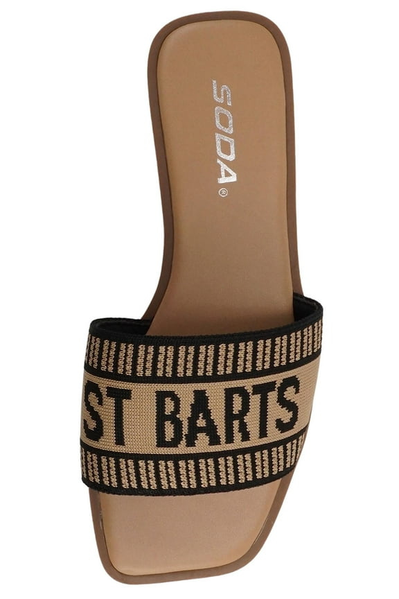 Shoes Women Flip Flops Square Open Toe Single Embroider Band Slip-On Flat Summer Resort Sandal FLAIR-S Black / Natural 6.5