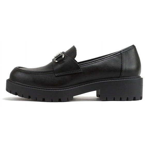 Soda Shoes Women Low Heel Lug Sole Slip-On Horse Bit Loafer BoyFriend Style BEDALE-S Black PU 10