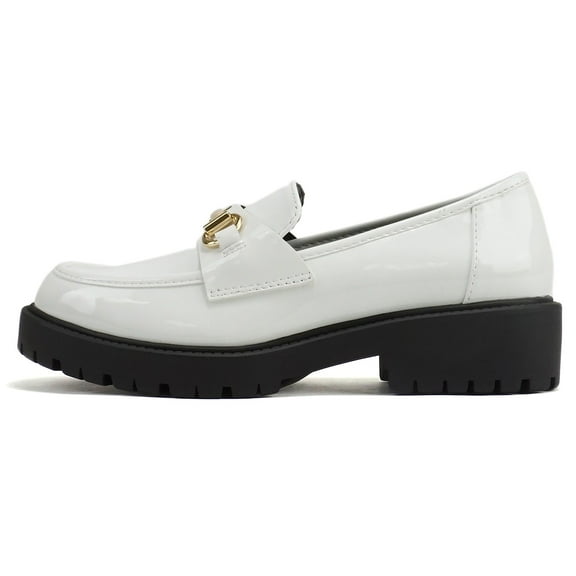 Soda Shoes Women Low Heel Lug Sole Slip-On Horse Bit Loafer BoyFriend Style BEDALE-S White Patent 8.5