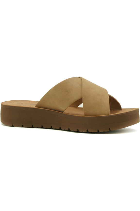 Shoes Women Sandals Crisscross Strap Band Flatform Platform LUCY-S Beige Camel 6.5