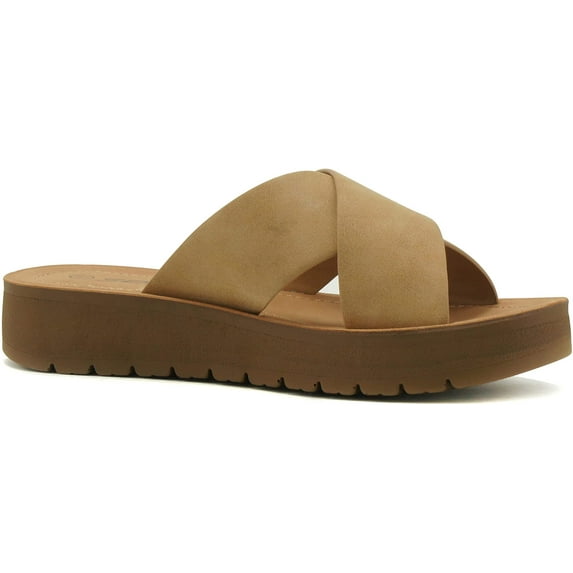 Soda Shoes Women Sandals Crisscross Strap Band Flatform Platform LUCY-S Beige Camel 9